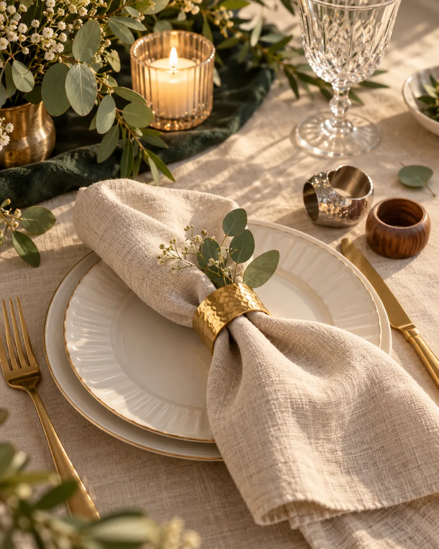 Table dressée avec un rond de serviette doré sur une serviette en lin